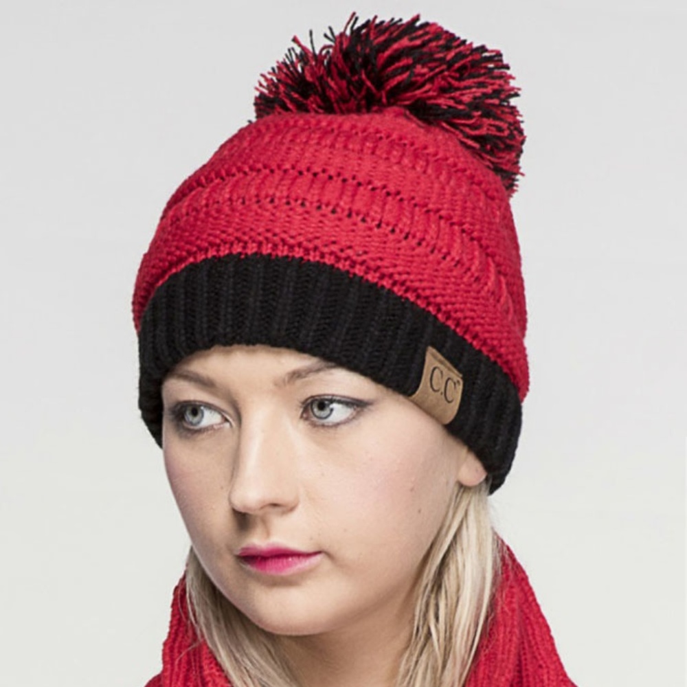 C.C College School Team Color Pom Pom Beanie